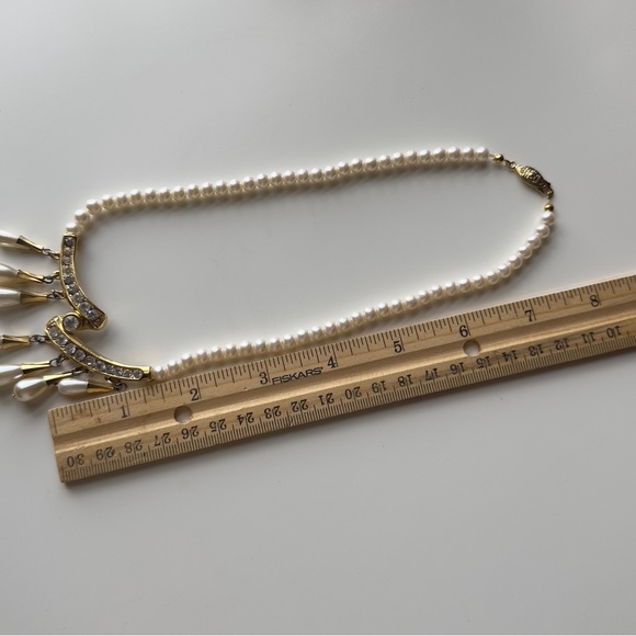 Vintage Faux Pearls Teardrop Tassels with Rhinestones Necklace - Picture 8 of 11